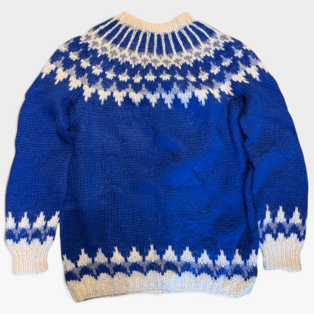 Vintage Handmade Icelandic Wool Sweater Blue White Traditional Fair Isle